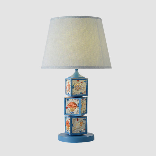 Riley - Resin Stacked Cube Desk Lighting Mediterranean Resin 1 Bulb Light/Sky Blue Night Lamp with Barrel Fabric Shade