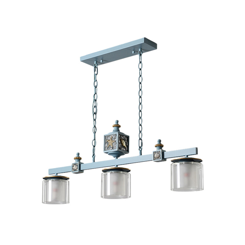 Sky Blue Dual Cylinder Parlor Island Pendant Lamp With Clear And Frosted Glass - 3 Bulbs