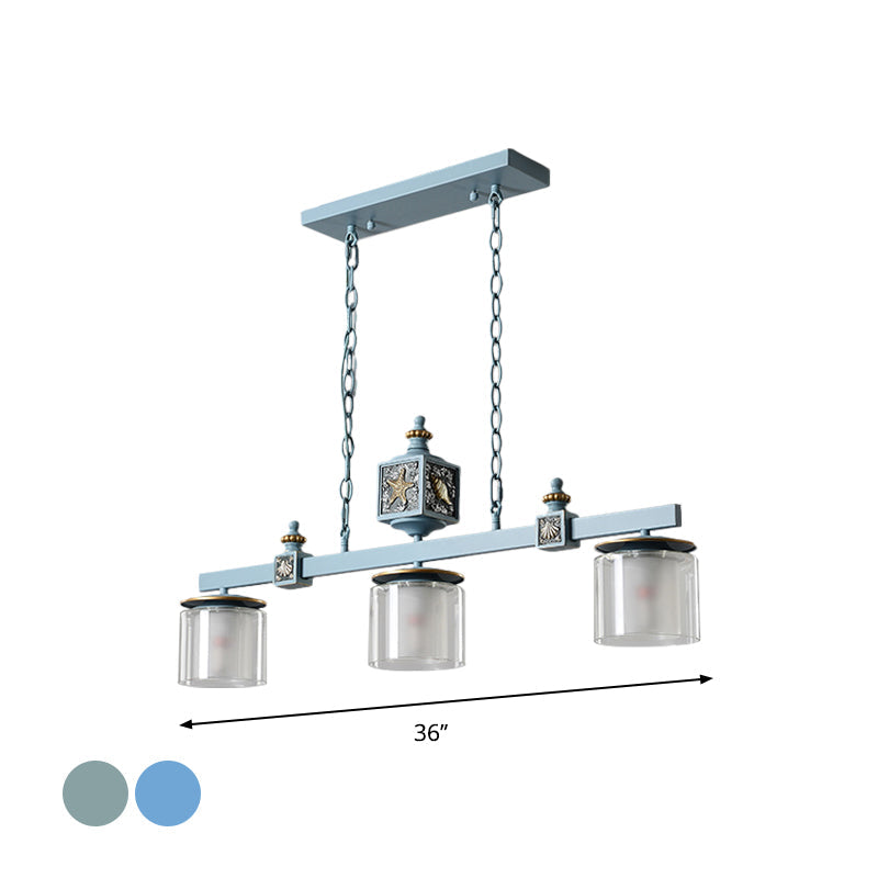 Sky Blue Dual Cylinder Parlor Island Pendant Lamp With Clear And Frosted Glass - 3 Bulbs