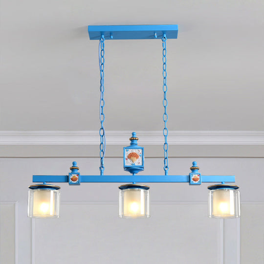 Sky Blue Dual Cylinder Parlor Island Pendant Lamp With Clear And Frosted Glass - 3 Bulbs