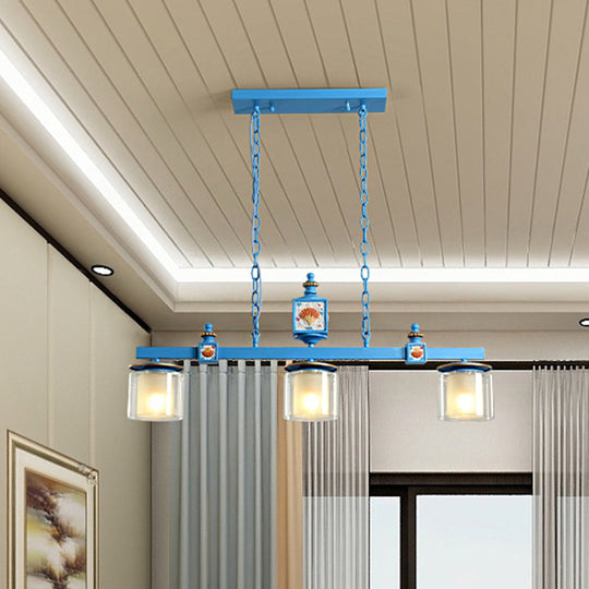 Sky Blue Dual Cylinder Parlor Island Pendant Lamp With Clear And Frosted Glass - 3 Bulbs