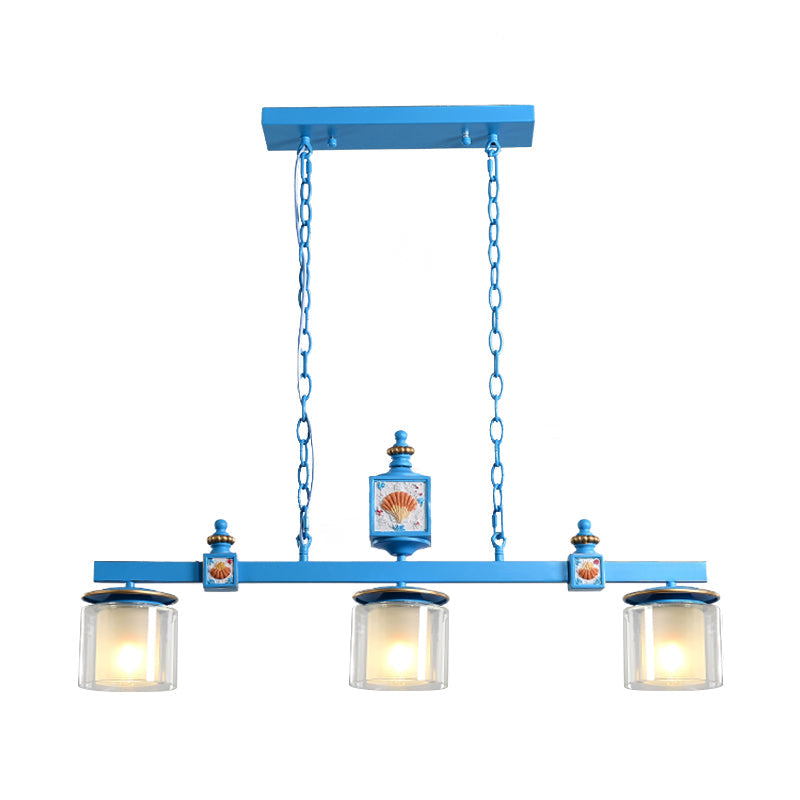 Sky Blue Dual Cylinder Parlor Island Pendant Lamp With Clear And Frosted Glass - 3 Bulbs