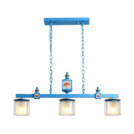 Sky Blue Dual Cylinder Parlor Island Pendant Lamp With Clear And Frosted Glass - 3 Bulbs