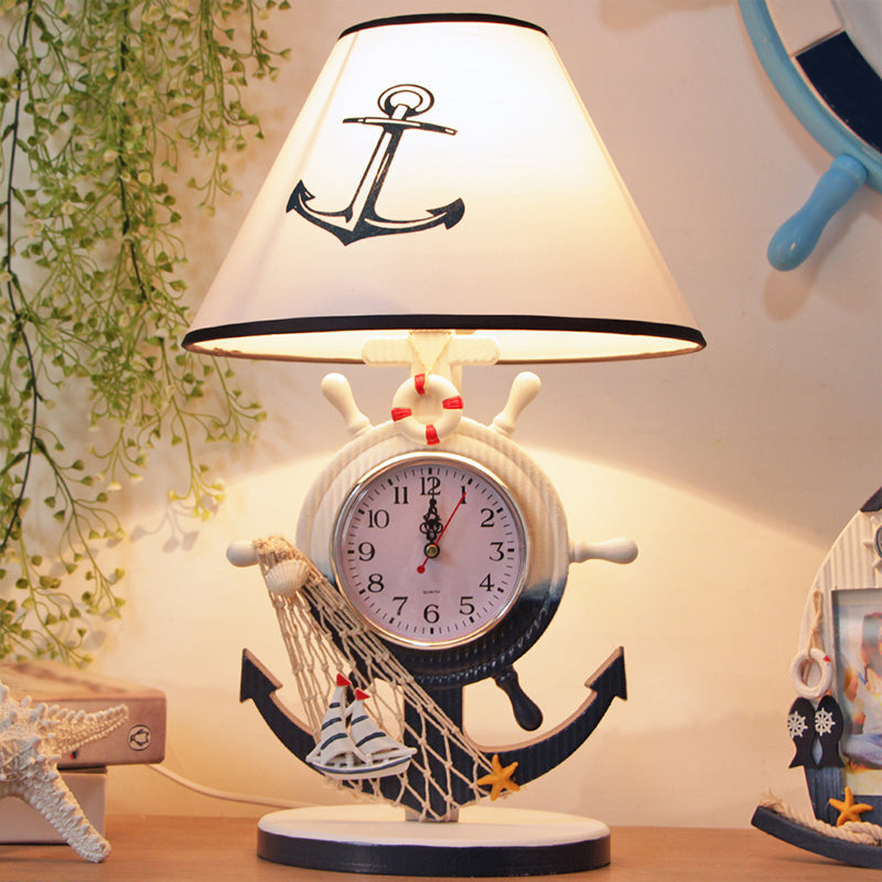 Children Style Clock Design Night Stand Lamp - Blue Shaded Single Bulb Resin Table Light With Rudder