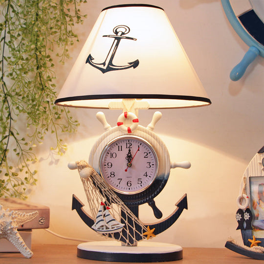 Children Style Clock Design Night Stand Lamp - Blue Shaded Single Bulb Resin Table Light With Rudder