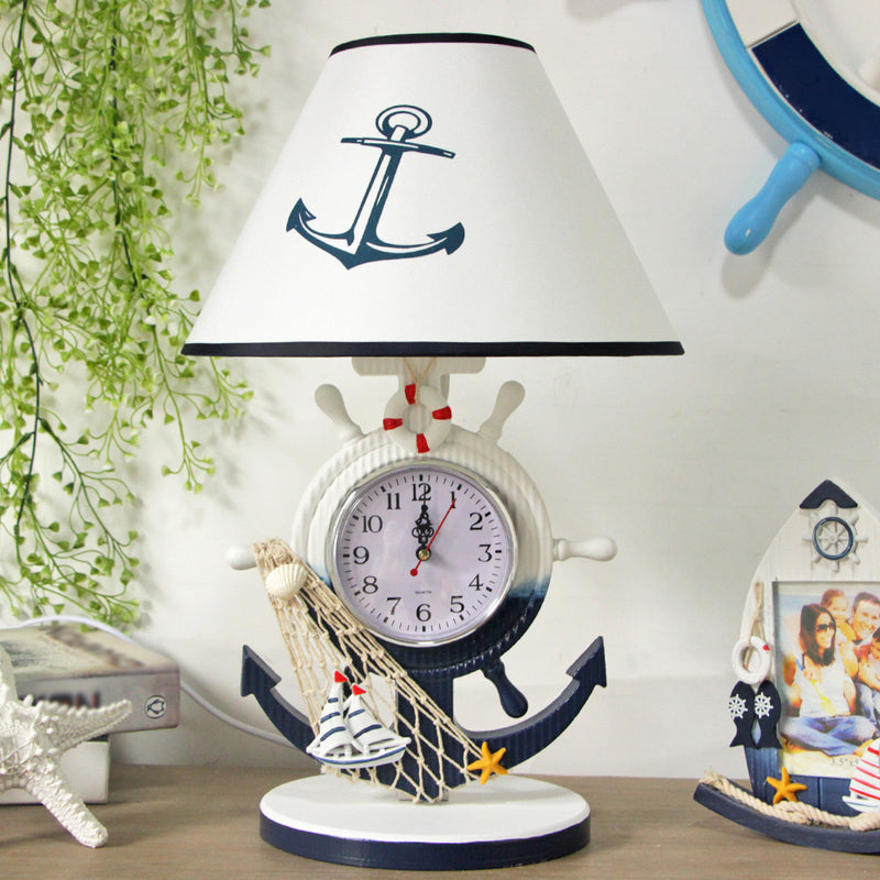 Children Style Clock Design Night Stand Lamp - Blue Shaded Single Bulb Resin Table Light With Rudder