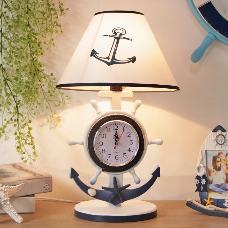 Children Style Clock Design Night Stand Lamp - Blue Shaded Single Bulb Resin Table Light With Rudder