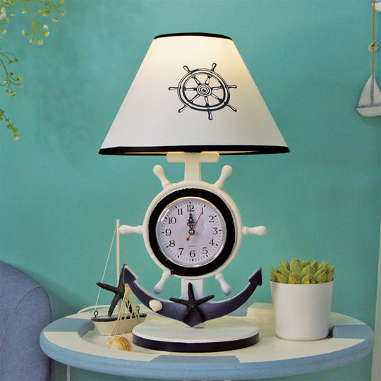 Children Style Clock Design Night Stand Lamp - Blue Shaded Single Bulb Resin Table Light With Rudder