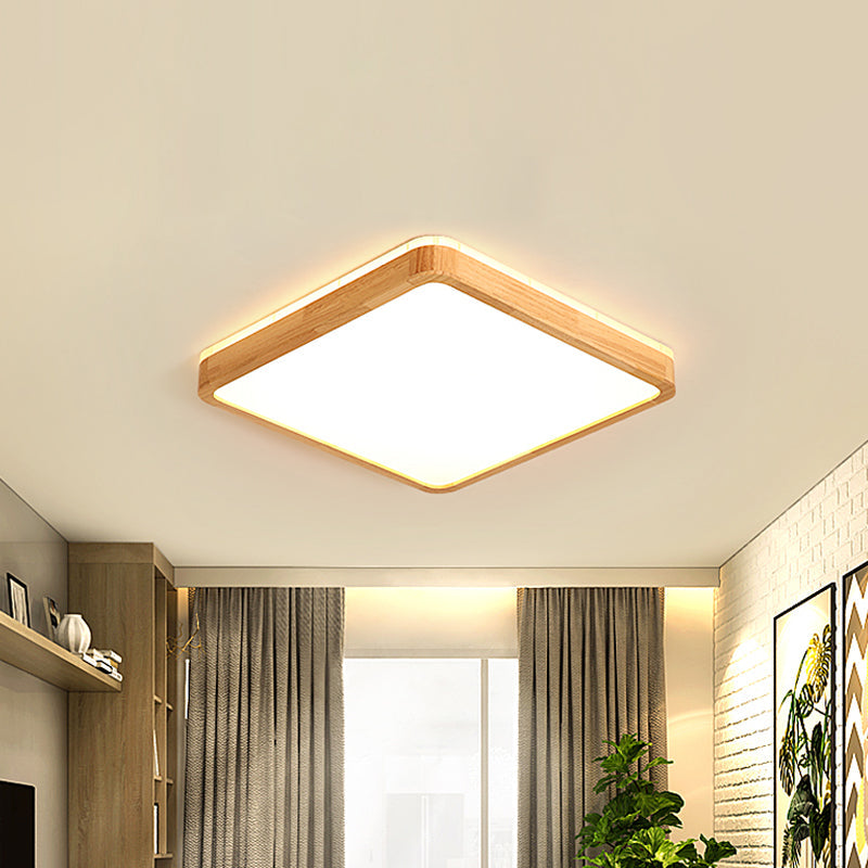 Minimalist Wood Ceiling Lamp LED Flushmount Lighting in Beige, Square/Oblong Shape, 17"/21"/25.5" Length