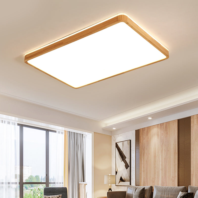 Minimalist Wood Ceiling Lamp LED Flushmount Lighting in Beige, Square/Oblong Shape, 17"/21"/25.5" Length