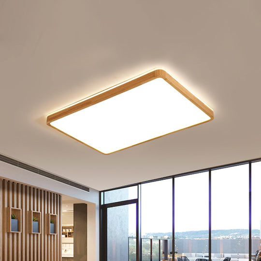 Minimalist Wood Ceiling Lamp LED Flushmount Lighting in Beige, Square/Oblong Shape, 17"/21"/25.5" Length