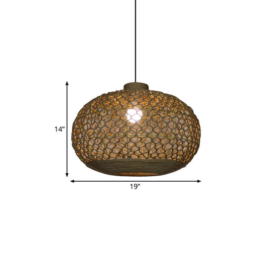 Rustic Single Bulb Pendant Lighting Kit: Oval Lantern Hemp Rope Hanging Lamp In Flaxen