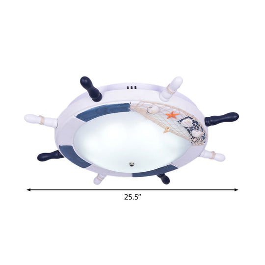 Blue Rudder LED Flush Ceiling Light with Wooden Mount & Bowl Glass Shade for Baby Room