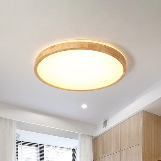 Minimalist Wood Circular Flush Mount Ceiling Light Fixture - LED with Beige Shade - 12"/15"/19" Width