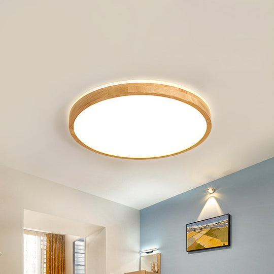 Minimalist Wood Circular Flush Mount Ceiling Light Fixture - LED with Beige Shade - 12"/15"/19" Width