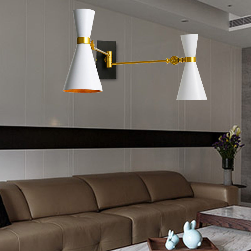 Contemporary Trumpet Wall Sconce Light In Black/White/Gold With Adjustable Arm And 1-3 Lights