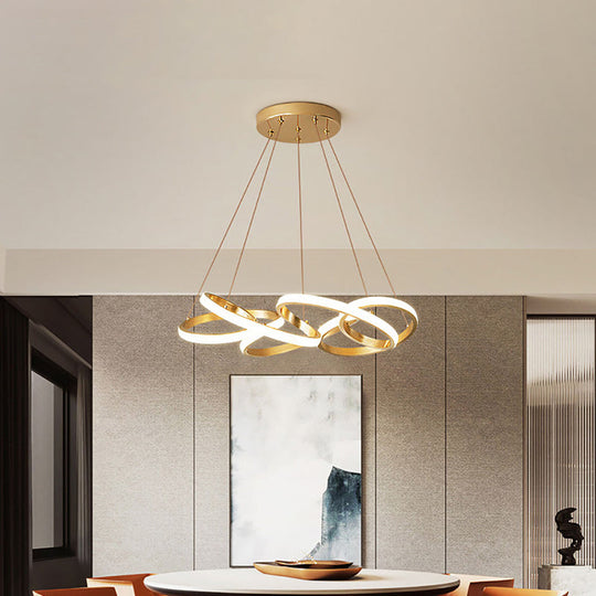 Modern Gold Metal Led Ceiling Chandelier - Twisted Round Pendant Lamp For Dining Room With