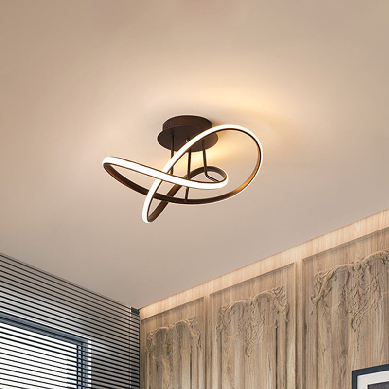 Metallic Twisted Semi Flush LED Ceiling Light in Nordic Black/White/Coffee for Bedroom