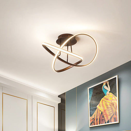 Metallic Twisted Semi Flush LED Ceiling Light in Nordic Black/White/Coffee for Bedroom