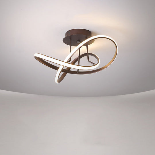 Metallic Twisted Semi Flush LED Ceiling Light in Nordic Black/White/Coffee for Bedroom