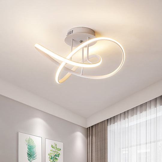 Metallic Twisted Semi Flush LED Ceiling Light in Nordic Black/White/Coffee for Bedroom