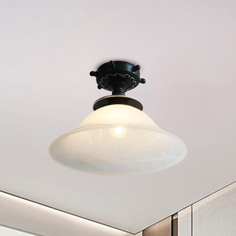 Nautical Opaline Glass Bell Ceiling Light in Black/White/Blue - 1 Bulb Semi Flush Mount Fixture for Hallway