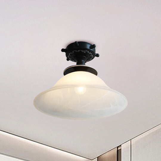 Nautical Opaline Glass Bell Ceiling Light in Black/White/Blue - 1 Bulb Semi Flush Mount Fixture for Hallway