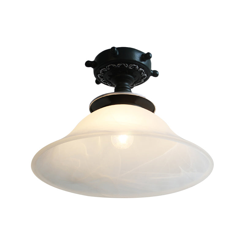 Nautical Opaline Glass Bell Ceiling Light in Black/White/Blue - 1 Bulb Semi Flush Mount Fixture for Hallway