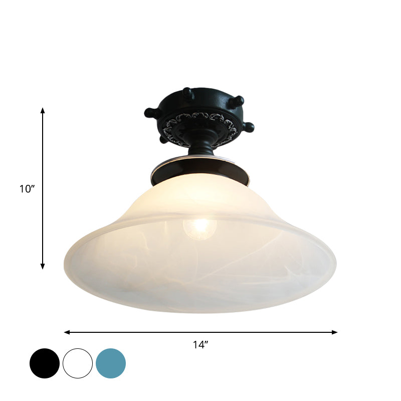 Nautical Opaline Glass Bell Ceiling Light in Black/White/Blue - 1 Bulb Semi Flush Mount Fixture for Hallway