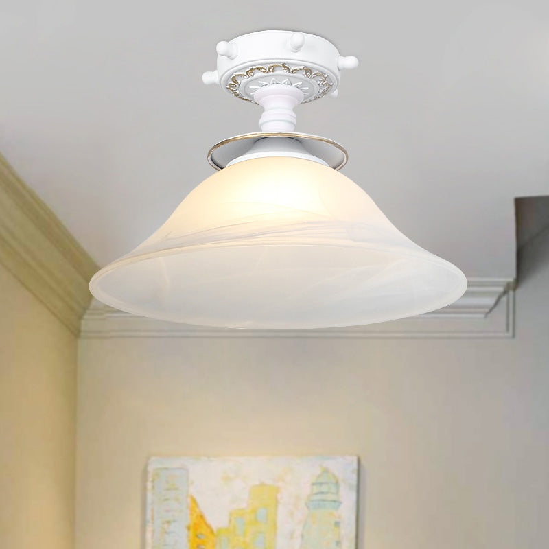 Nautical Glass Bell Semi-Flush Mount Ceiling Light For Hallways With Opaline And 1 Bulb In