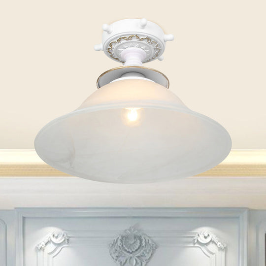 Nautical Opaline Glass Bell Ceiling Light in Black/White/Blue - 1 Bulb Semi Flush Mount Fixture for Hallway