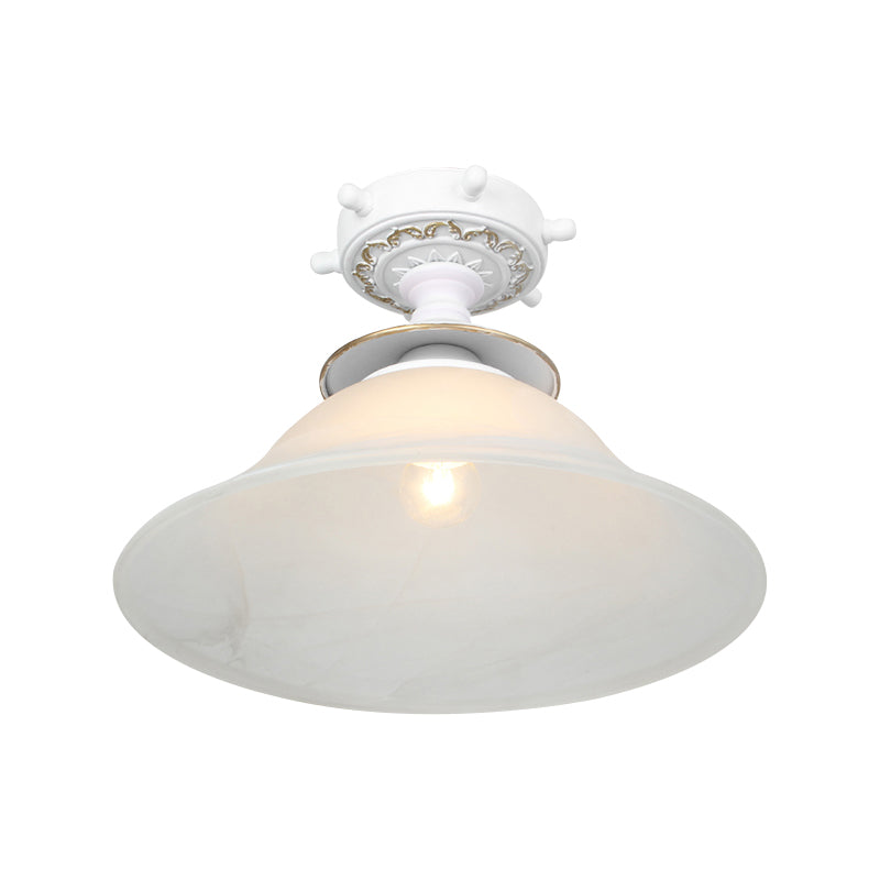 Nautical Opaline Glass Bell Ceiling Light in Black/White/Blue - 1 Bulb Semi Flush Mount Fixture for Hallway