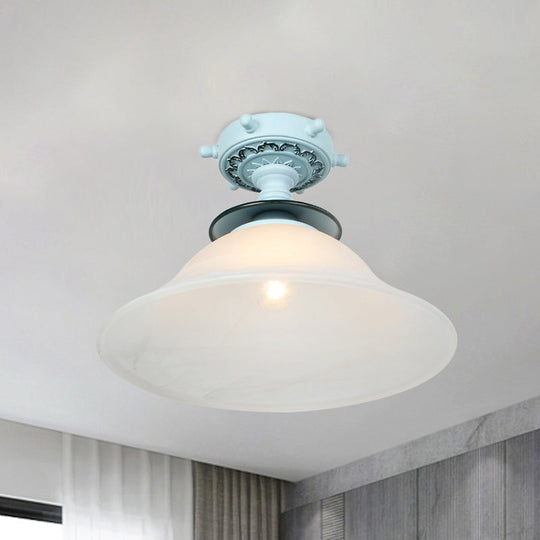 Nautical Opaline Glass Bell Ceiling Light in Black/White/Blue - 1 Bulb Semi Flush Mount Fixture for Hallway