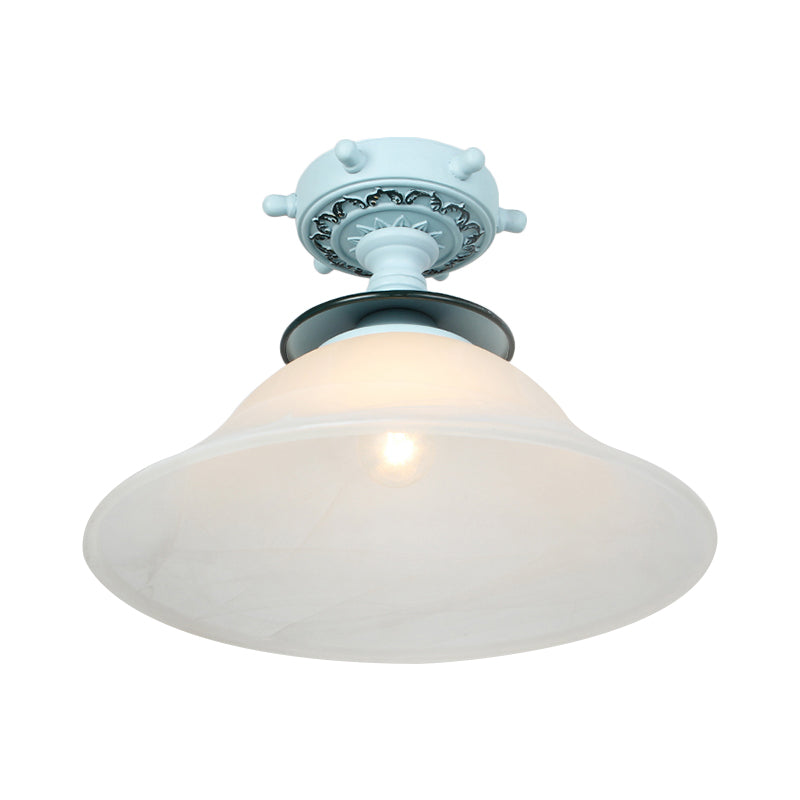 Nautical Opaline Glass Bell Ceiling Light in Black/White/Blue - 1 Bulb Semi Flush Mount Fixture for Hallway