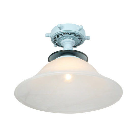 Nautical Opaline Glass Bell Ceiling Light in Black/White/Blue - 1 Bulb Semi Flush Mount Fixture for Hallway