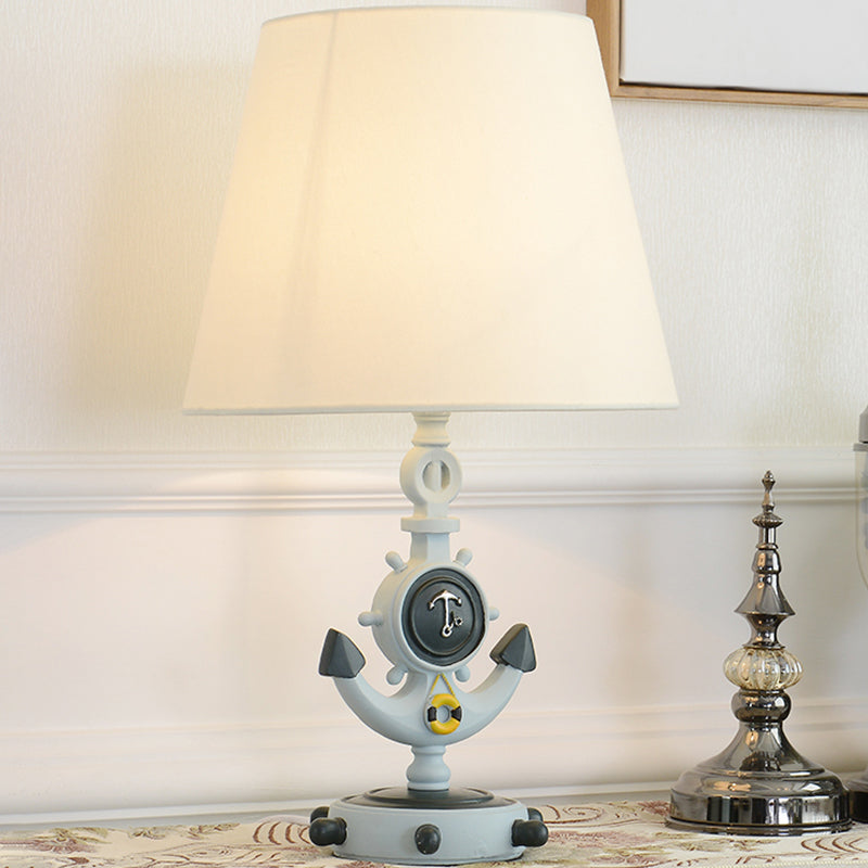 Nautical Cone Table Lamp: 1-Light Fabric Study Room Night Lighting Anchor Base & Rudder Pedestal