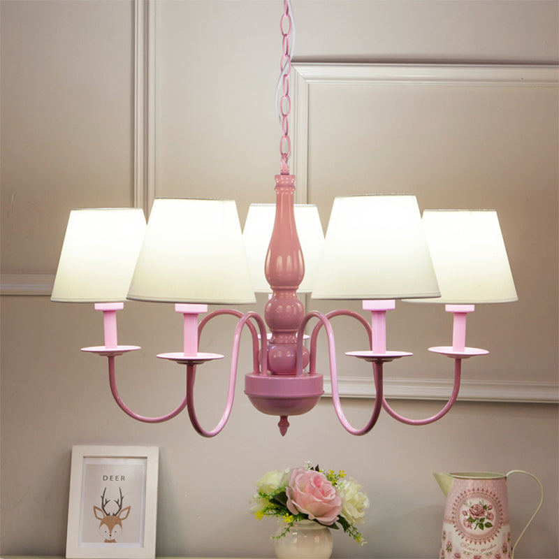 Kids Tapered Shade Chandelier - 5-Head Metal Light In Pink & White For Kindergarten