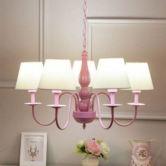 Kids Tapered Shade Chandelier - 5-Head Metal Light In Pink & White For Kindergarten