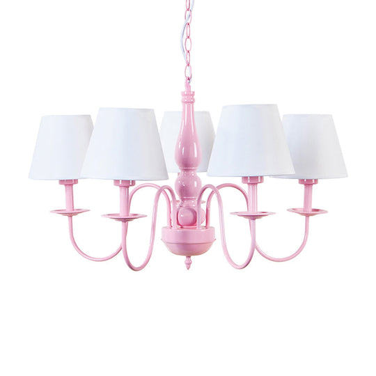 Kids Tapered Shade Chandelier - 5-Head Metal Light In Pink & White For Kindergarten