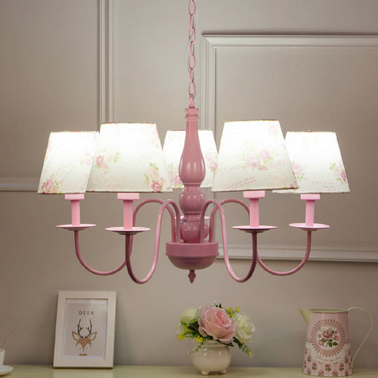 Blossom Hanging Lamp: 5-Bulb Metal Chandelier With Fabric Shade In Pink - Perfect For Kindergarten