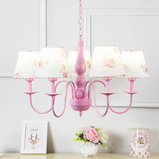 Blossom Hanging Lamp: 5-Bulb Metal Chandelier With Fabric Shade In Pink - Perfect For Kindergarten