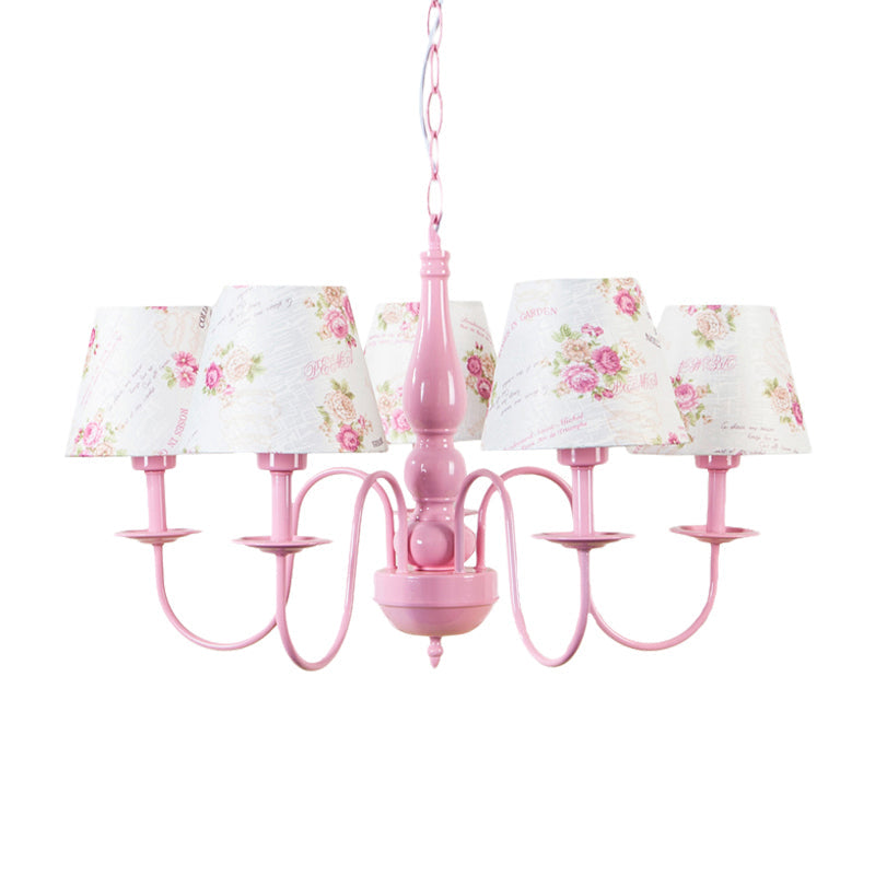 Blossom Hanging Lamp: 5-Bulb Metal Chandelier With Fabric Shade In Pink - Perfect For Kindergarten