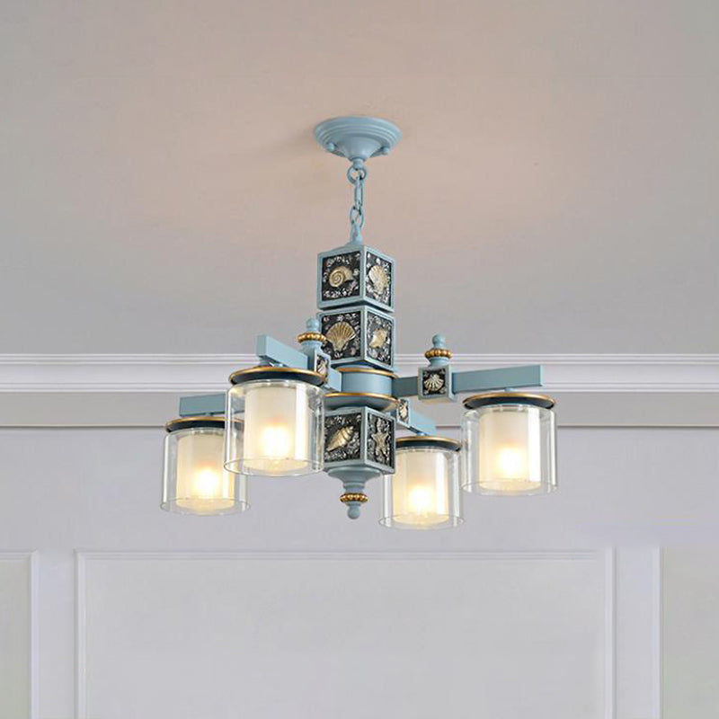 Modern Sky Blue Dual Cylinder Chandelier With Nordic Design - 4 Bulbs Clear And Opal Glass Down