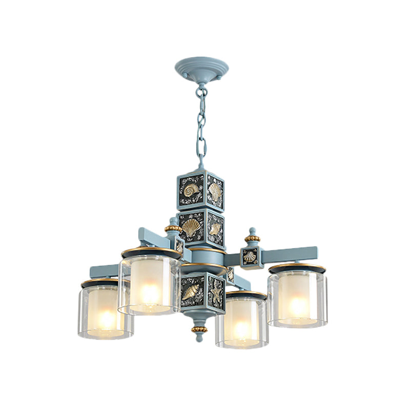 Modern Sky Blue Dual Cylinder Chandelier With Nordic Design - 4 Bulbs Clear And Opal Glass Down