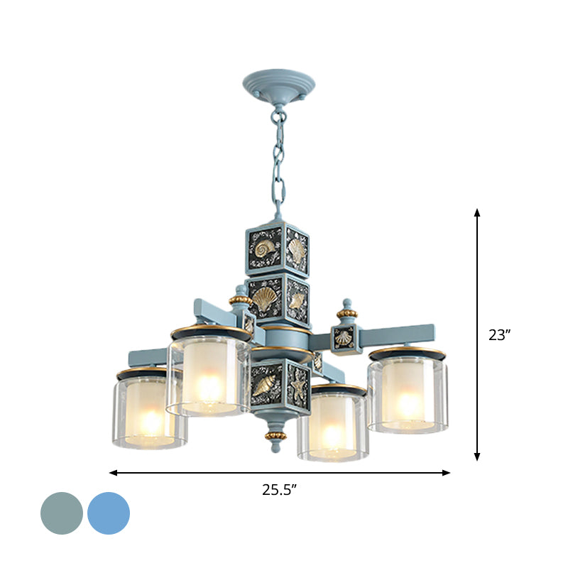 Modern Sky Blue Dual Cylinder Chandelier With Nordic Design - 4 Bulbs Clear And Opal Glass Down