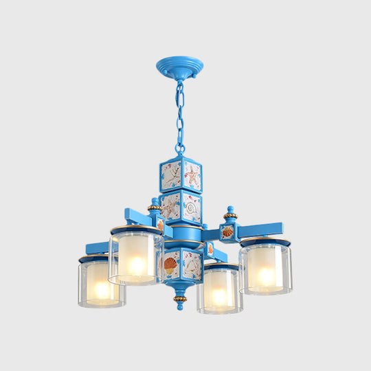 Modern Sky Blue Dual Cylinder Chandelier With Nordic Design - 4 Bulbs Clear And Opal Glass Down