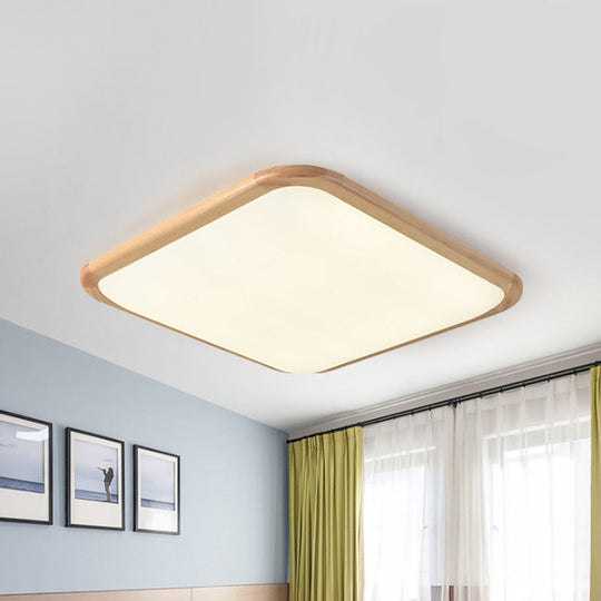 Led Parlor Ceiling Lamp Simple Beige Flush Mount Fixture With Wood Shade In Warm/White Light