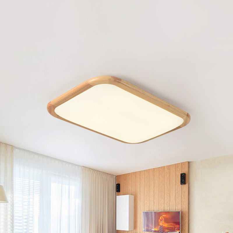 Led Parlor Ceiling Lamp Simple Beige Flush Mount Fixture With Wood Shade In Warm/White Light