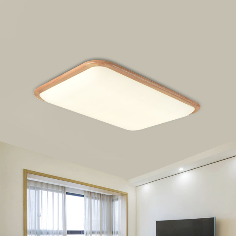 Led Parlor Ceiling Lamp Simple Beige Flush Mount Fixture With Wood Shade In Warm/White Light