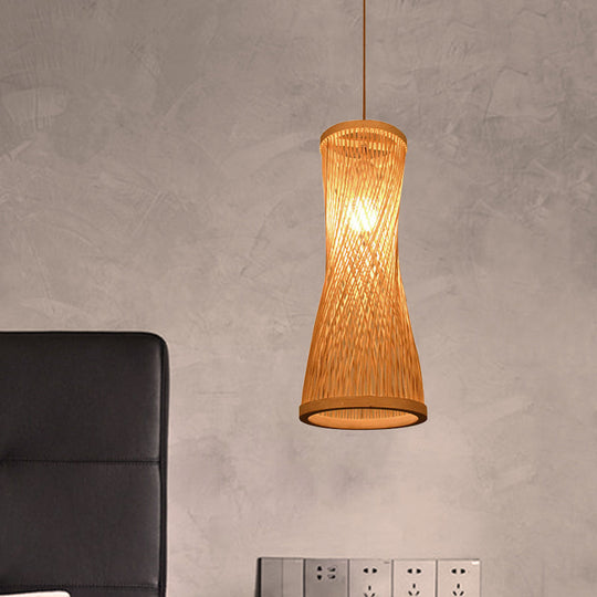 Loft Style 1-Light Bamboo Suspension Pendant - Hourglass Design (6/6.5 Wide) Beige Down Lighting